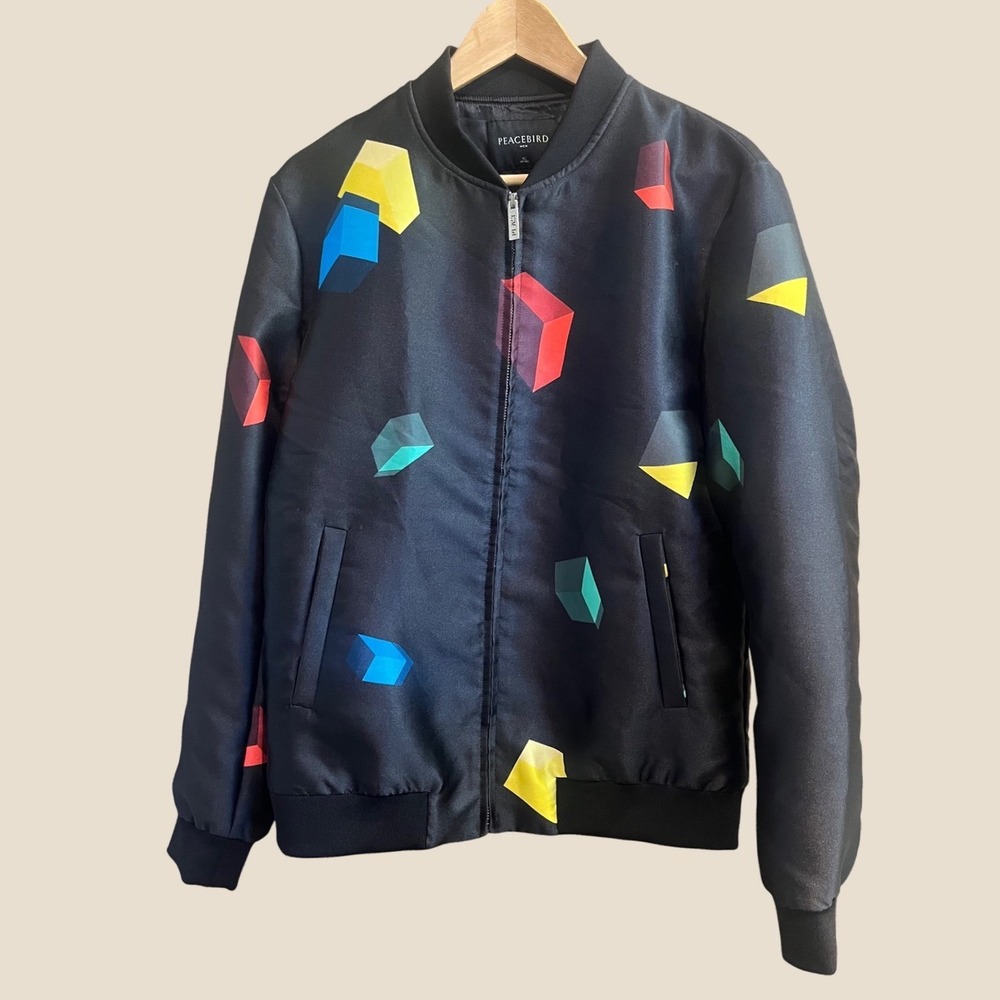 Peacebird Geometric Cube Print Bomber Jacket Mens XL Black 3D Graphic Zip Up